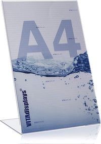 VITAdisplays® DIN A4 L-Aufsteller/L-Ständer, Tischaufsteller, transparent aus original PLEXIGLAS® (PMMA/Acrylglas)
