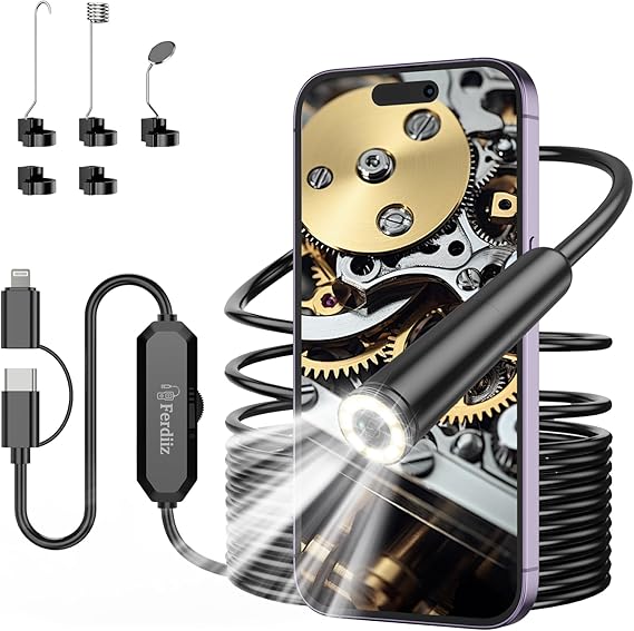 Ferdiiz Endoscopio 1920P HD IP67 Lente con 8 Luces LED Ajustables, Camara Endoscopica Sin WiFi para Android y iOS, Cámara de Inspección Cable Semi-Rígido (16,5 FT/5M)