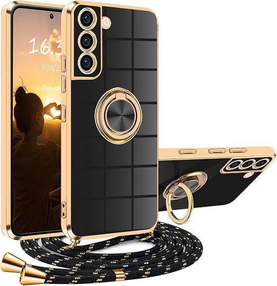XCYYOO Funda Galaxy S21 5G Con Cuerda y Colgante Ajustable - Carcasa Correa Silicona TPU Bumper Anti-caída Con 360° Anillo Soporte, Negro