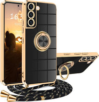 XCYYOO Funda Galaxy S21 5G Con Cuerda y Colgante Ajustable - Carcasa Correa Silicona TPU Bumper Anti-caída Con 360° Anillo Soporte, Negro