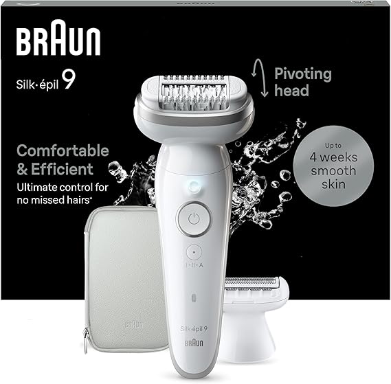 Braun Silk-épil 9, Depiladora Eléctrica Mujer Para Una Eliminación Del Vello Fácil, Depilación En Seco Y En Mojado, Con Cabezal De Rasuradora, Piel Suave Duradera, 9-041, Blanca/Plateada