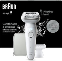 Braun Silk-épil 9, Depiladora Eléctrica Mujer Para Una Eliminación Del Vello Fácil, Depilación En Seco Y En Mojado, Con Cabezal De Rasuradora, Piel Suave Duradera, 9-041, Blanca/Plateada