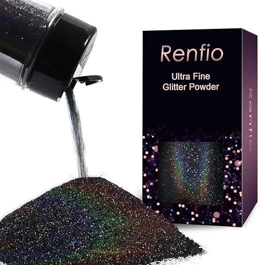 Renfio Holographic Ultra Fine Glitter Metallic Black Glitter Powder 80ml Tarro para vasos de resina, pintura de limo, arte de uñas, decoración de bricolaje, color negro láser