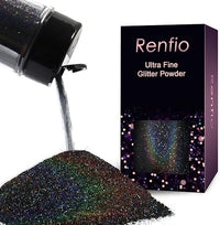 Renfio Holographic Ultra Fine Glitter Metallic Black Glitter Powder 80ml Tarro para vasos de resina, pintura de limo, arte de uñas, decoración de bricolaje, color negro láser