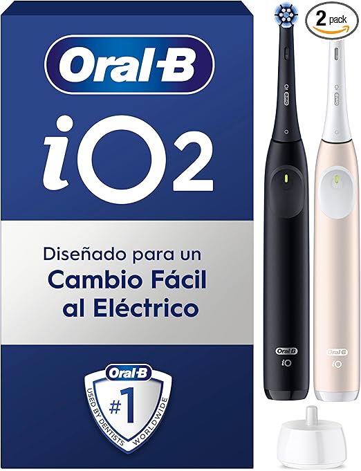 Oral-B iO 2 Pack de 2 Cepillos de Dientes Eléctricos Negro Noche y Rosa Suave, 2 Cabezales, 3 Modos De Cepillado, Sensor De Presión y Temporizador, Diseñados por Braun