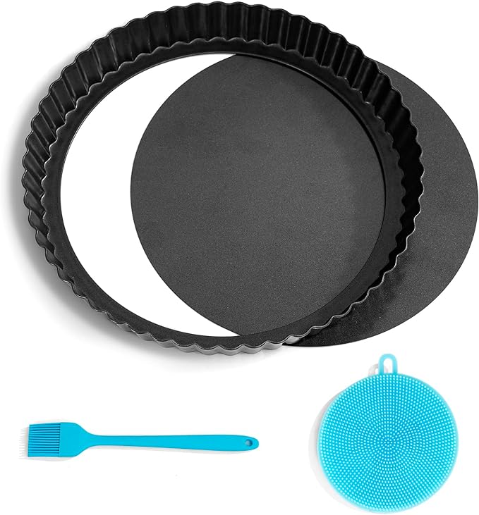 Highkit Molde para tartas con base elevadora de 22 cm, antiadherente para quiche, redondo, borde ondulado, molde para tartas de frutas, molde para quiche, tarta, acero, gris oscuro