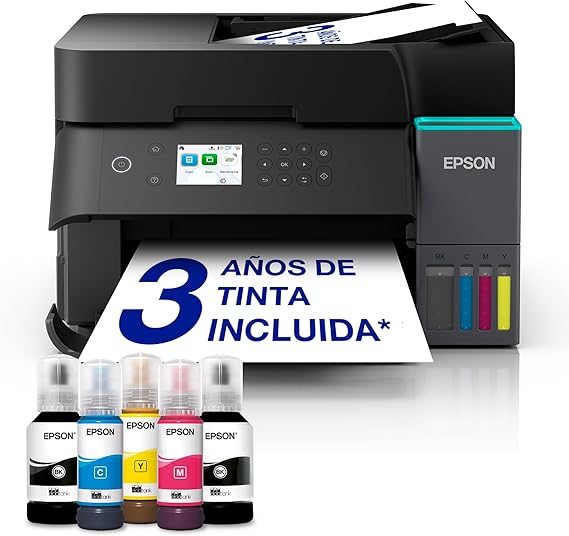 Epson EcoTank ET-3950 Impresora de Depósito de Tinta | Teletrabajo | Wi-Fi | A4 | Imprime a Doble Cara | Imprimir, Copiar, Escanear | Pantalla LCD 6,1cm | ADF 30 Hojas | Tinta Incluida para 3 Años