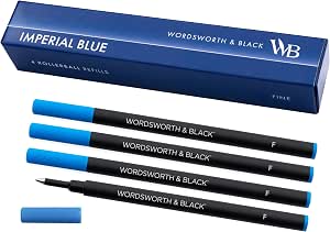 Wordsworth and Black Recambios para bolígrafo de punta rodante [Azul], Juego de 4,Recambios reemplazables -Punta fina,Tinta azul de secado rápido, amaño estándar para bolígrafos de punta rodante,