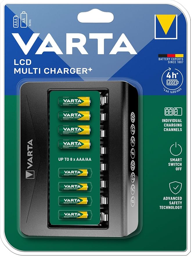 VARTA Cargador de Pilas, cargador para pilas AA/AAA recargables, hasta 8 pilas recargables, LCD Multi Cargador+, carga a ranura única, no equipado
