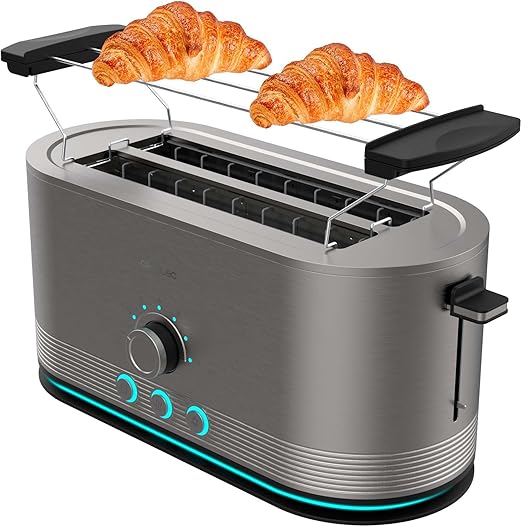 Cecotec Tostadora Vertical de Acero con doble ranura larga Shine&Toast Extra Double. 1400W, Capacidad 4 Tostadas, Ranuras Anchas de 3,8cm, Anillo Luminoso, 7 Niveles de Tostado, Varillas Superiores