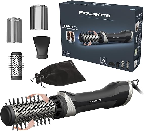 Rowenta Brush Activ, Cepillo de Aire Giratorio, Cepillo Secador de 1000 W, Diseño Ergonómico, 2 Cepillos Cerámicos Giratorios, Boquilla Concentradora y Funda, UB9530F0