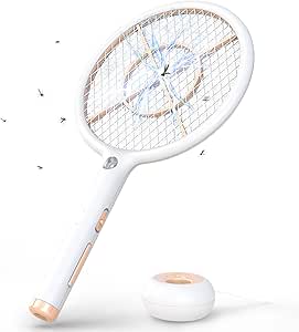 CONOPU Raqueta Matamoscas Electrica, 4000V, Base de Carga inalámbrica USB, Mata Mosquitos Electrico Recargable, Luz LED, Protección de Malla de 3 Capas, Antimosquitos, Blanco