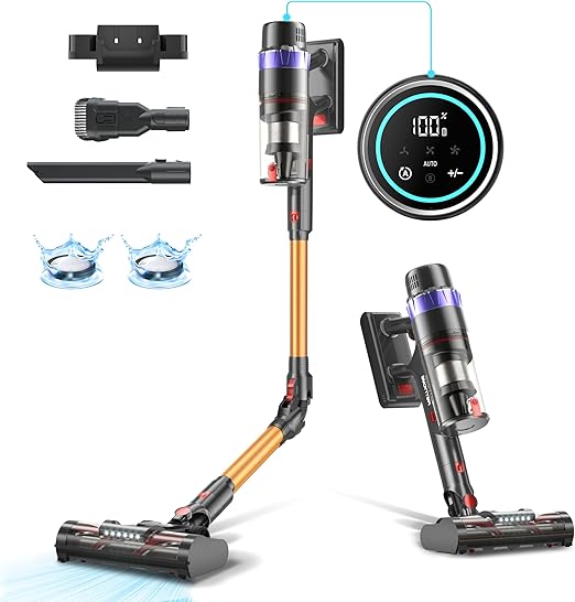 PRETTYCARE 45KPA/530W/60Mins Aspiradora sin Cable, Aspirador Escoba sin Cable Potente Modo Automático, Aspirador Inalámbrico Antienredo para Suelo/Alfombra/Pelos de Animales V3,2025 Actualización