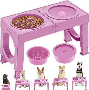 X XBEN 3-in-1 Comedero Perro Elevado de 5 Alturas Ajustables, 1,4L Bebedero Perro Antigoteo, 1L Comedero Antivoracidad,Comederos Elevados para Medianos y Grandes,Plegable y Antideslizante