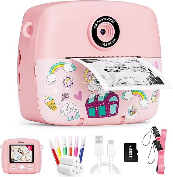 Camara de Fotos instantaneas,1080p vídeo Camara instanea,2,4" HD Camara Fotos Infantil con Tarjeta SD de 32GB,Regalos comunion niña para cámara instantánea,Juguetes niños 3 4 5 6 7 8 9 10 años