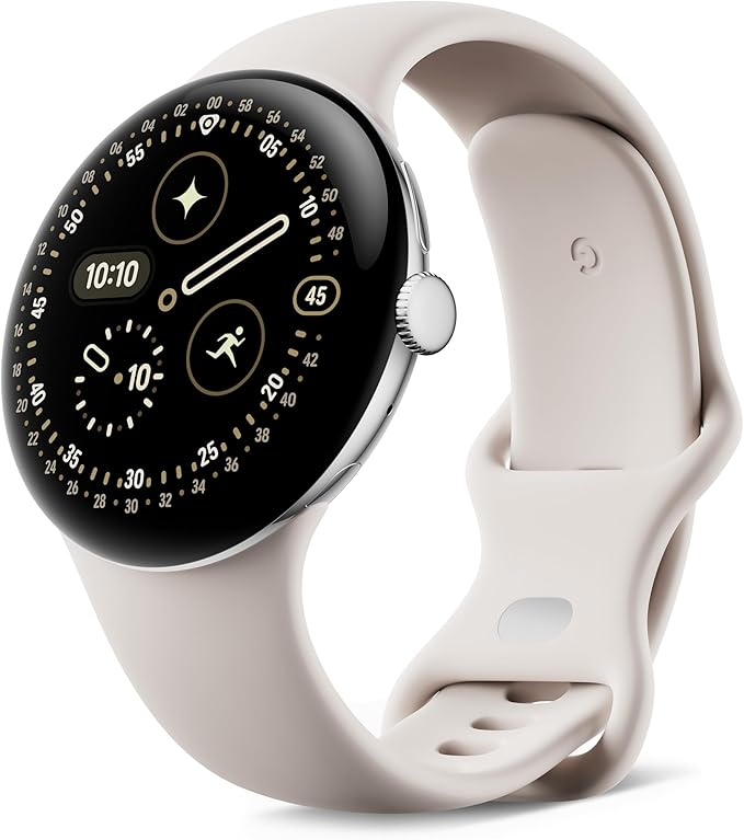 Google Pixel Watch 4 (45 mm) – Android Smart Watch z wypukłym ekranem, pełny monitoring zdrowia i kondycji oraz pomoc Gemini - koperta z polerowanego srebrnego aluminium – aktywny pasek w zestawie