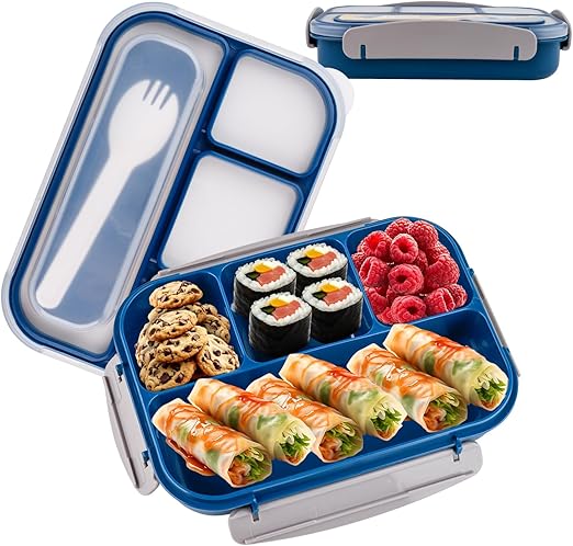 BigKego Fiambrera de 1000 ml con 4 compartimentos, a prueba de fugas, caja de desayuno, caja de aperitivos, sin BPA, para escuela, oficina, pícnic y viajes (azul)