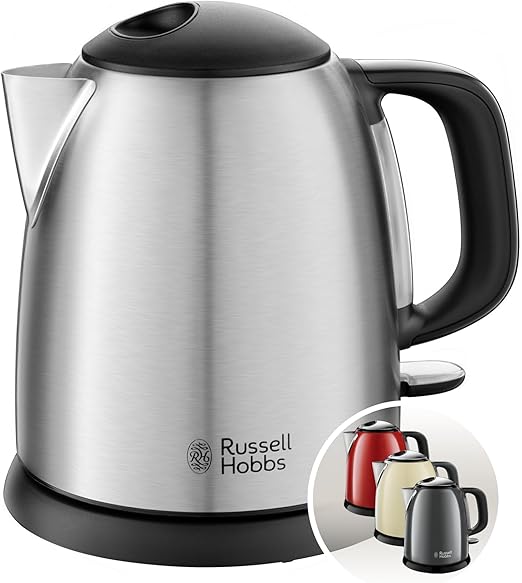 Russell Hobbs Hervidor de Agua Eléctrico Adventure - 1 litro, Pequeño, 2400 W, Filtro Extraíble, Zona de Ebullición Rápida, Base de 360°, Indicador del Nivel de Agua, Inox., Plata - 24991-70