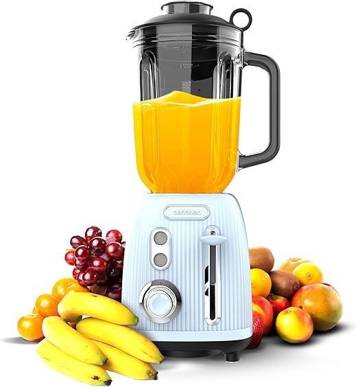 Cecotec Batidora de Vaso Power Black Titanium RetroBlue. 1200W, jarra de 1.5L, 2 velocidades, función Pulse, cuchillas de titanio, motor copper, diseño retro y eficiente.