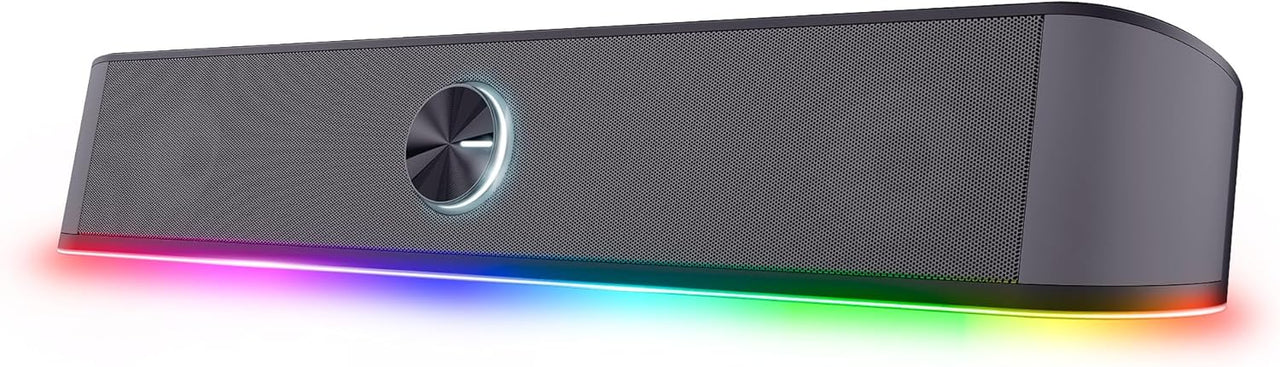 GXTrust 1619 Rhox Barra de Sonido con Iluminación RGB 12W (6W RMS), Altavoces PC Gaming Estéreo, Alimentación USB, 3,5 mm Jack, Altavoz Pequeño 2.0 para Ordenador Portátil TV - Gris