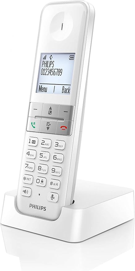 Philips D4701B/34 - Teléfono Fijo Inalámbrico, 16h de Conversación, Retroiluminación, HQ-Sound, Manos Libres, Identificador de Llamadas, Agenda 50 Nombres y número - Blanco (Compatible: ES, IT, FR)