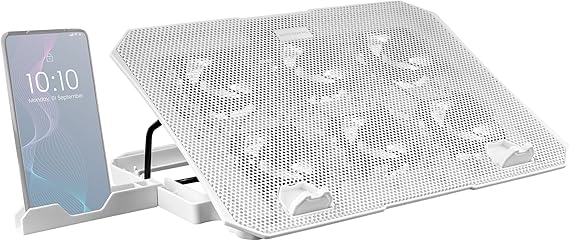 Mars Gaming MNBC23, Base Refrigeradora y Stand 16”, 6 x Ventiladores Controlables con LED Azul, Stand 6 Posiciones, Soporte Smartphone, 2 USB 2.0, Blanco
