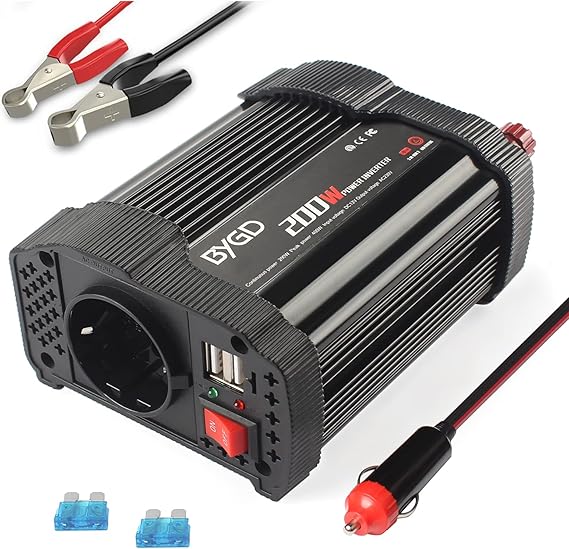BYGD Inversor de Coche 200W/400W 12V DC a 220V 230V AC, Convertidor con Adaptador de Cargador de Coche Rápido USB Dual 3.1A, para iPad, iPhone, Tablet, Consolas y Cámping