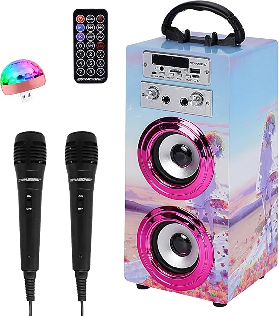 Máquina de Karaoke Portátil DYNASONIC, Altavoz Karaoke con 2 Micrófonos, Altavoz Bluetooth, Luz USB incluida, Lector USB y SD, diseño Exclusivo, Regalo Original (025-17 luz)