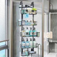 HapiRm Estante de ducha para colgar de acero inoxidable – Estantería de ducha sin taladrar con 5 cestas ajustables, estantería de ducha para colgar con soportes para cepillos de dientes y ganchos para