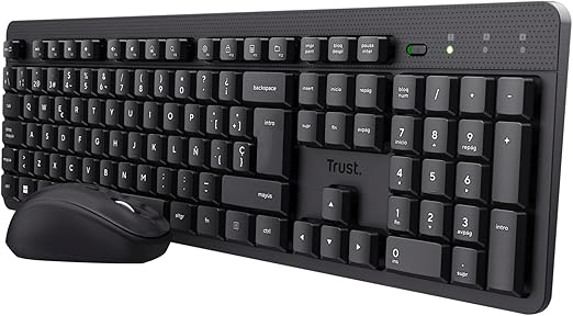 Trust Ymo II Pack Teclado y Ratón Inalámbrico QWERTY Español, Botones Silenciosos, Teclas de Perfil Bajo, Resistente a los Vertidos, Un Receptor USB, Windows, Mac, PC, Ordenador Portátil - Negro