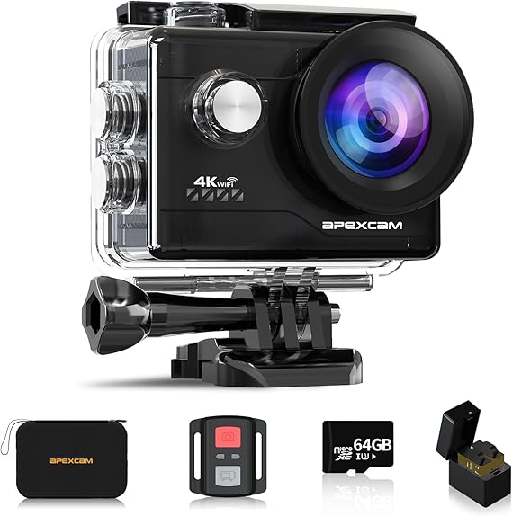 Apexcam Cámara Deportiva 4K con Tarjeta de Memoria de 64GB WiFi Cámara subacuática Impermeable 40M Action Camera 2.0'LCD 170° Gran Angular 2.4G Remoto 2 baterías de 1050mAh y Accesorios Multiples
