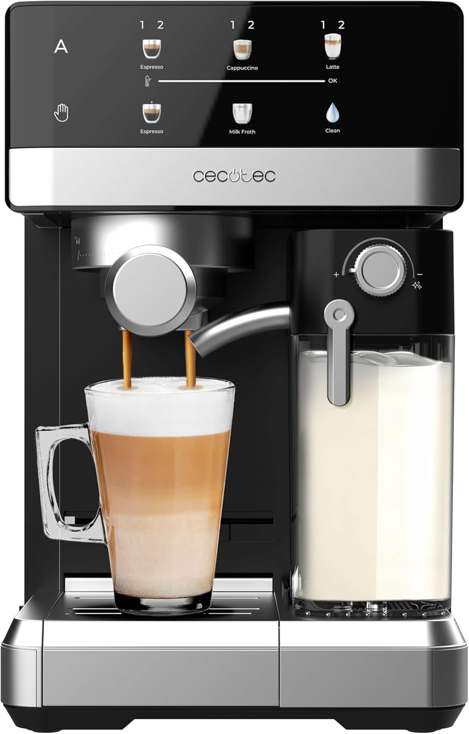 Cecotec Cafetera Express Semiautomática Táctil con Depósito de Leche Power Espresso 20 Touch & Cream. 1350W, Sistema Thermoblock, 20 Bares de Presión, Boquilla Espumadora, Depósito 1,8L, Accesorios
