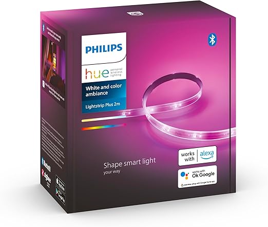 Philips Hue - Tira de Led inteligente 2m, con Bluetooth, Luz Blanca y de colores, Compatible con Alexa y Google Home (incl. alimentador) [Clase de eficiencia energética G]