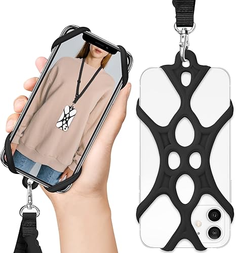 ROCONTRIP Correa para teléfono móvil, teléfono inteligente, universal, funda para teléfono móvil, collar, correa de mano con ranura para tarjeta de identificación para iPhone X 8 7 6 S 6 Plus Galaxy S7 S6 Huawei P10 P9 (negro)