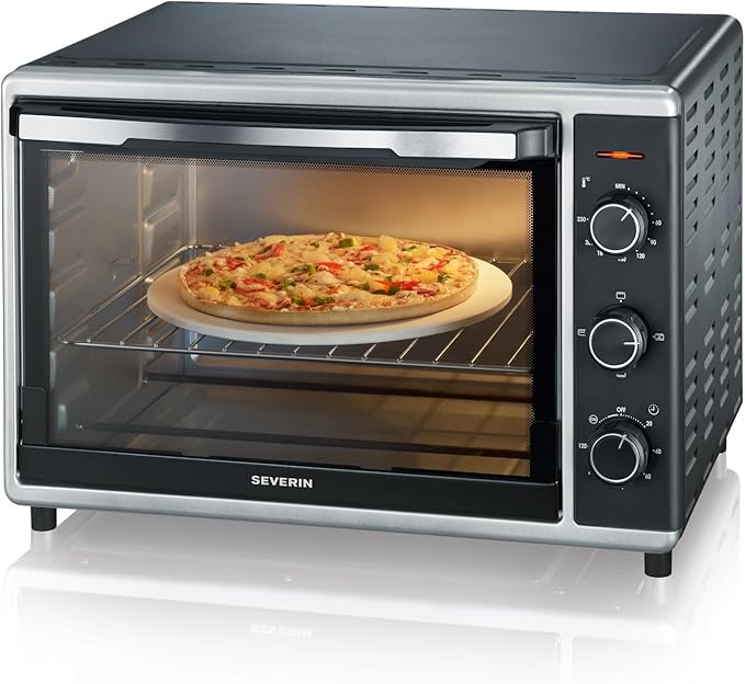 SEVERIN Horno tostador con función de convección, mini horno tostador con grill y bandeja, horno pequeño con piedra para pizza y asador giratorio, 1800 W, 42 L, negro, TO 2058