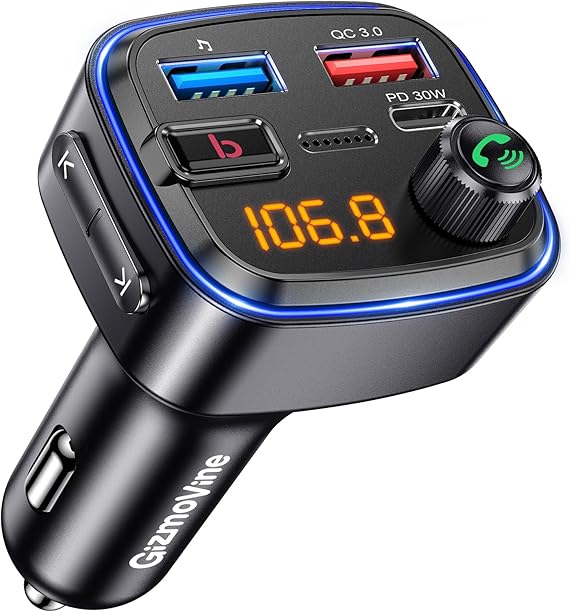 Gizmovine Emetteur Bluetooth Voiture, Transmetteur FM pour La Musique, Téléphone Kit Main Libre, Allume Cigare avec Prise USB C Qc PD 30W, Adaptateur Radio pour Autoradio, Lecteur MP3 Audio