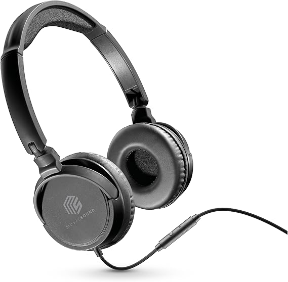 Music Sound | Headband con Cable Basic | Audífonos Auriculares Stereo Supraaurales Diadema Expandibles con Jack 3.5 mm y Micrófono - Plegable - Color Negro