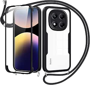 Funda para Xiaomi Redmi Note 14 Pro 5G/Poco X7 5G con Cuerda,360 Grados Transparente Carcasa Doble Capa Case con Protector Pantalla de Incorporado,Ajustable Colgar Collar Correa Carcasa-Negro