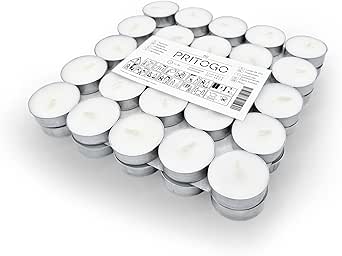 PRITOGO Velas de té, color blanco, diámetro de 3,8 x 1,2 cm, sin hollín, tiempo de combustión: 4 horas (50 unidades de aluminio), sin perfume