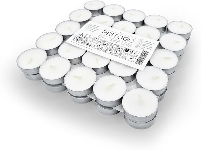 PRITOGO Velas de té, color blanco, diámetro de 3,8 x 1,2 cm, sin hollín, tiempo de combustión: 4 horas (50 unidades de aluminio), sin perfume