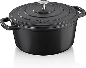 asador kela de hierro fundido redondo 4,6 litros, Dutch Oven CALIDO, asador de inducción de hierro fundido con tapa, olla de hierro fundido para hornear pan, esmaltada, negra