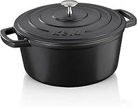 Thumbnail for asador kela de hierro fundido redondo 4,6 litros, Dutch Oven CALIDO, asador de inducción de hierro fundido con tapa, olla de hierro fundido para hornear pan, esmaltada, negra