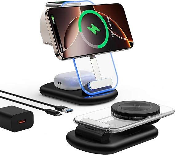 Cargador inalámbrico mag-Safe 3 en 1, Plegable, Ajustable, magnética, Soporte de Carga inalámbrica con luz para iPhone 16/15/14/13/12 Series, AirPods 3/2/Pro, Apple Watch