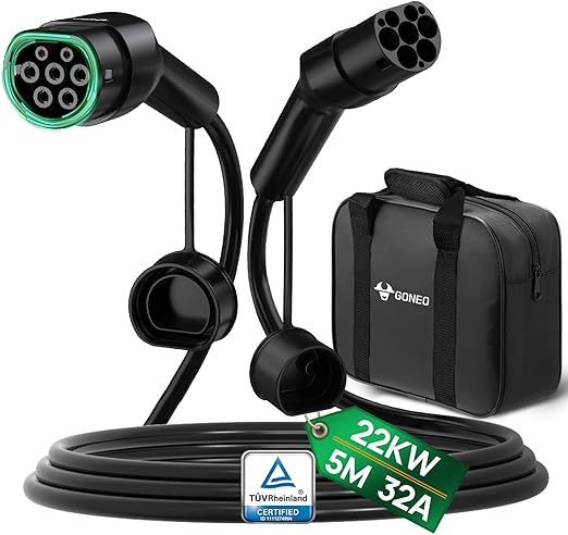 GONEO Cable de Carga Tipo 2 22kW 5M 32A Mode 3 Cable de Carga para Coche Eléctrico Tipo 2 y 3 Fases para E Auto EV/PHEV Tipo 2 a Tipo 2 con Bolsa de Transporte