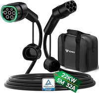 GONEO Cable de Carga Tipo 2 22kW 5M 32A Mode 3 Cable de Carga para Coche Eléctrico Tipo 2 y 3 Fases para E Auto EV/PHEV Tipo 2 a Tipo 2 con Bolsa de Transporte