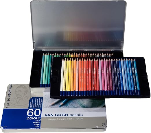 Vangogh Lápices - Estuche completo de 60 colores - Pigmentos resistentes a la luz de calidad artística - Tubos de madera de cedro blanda - Colores vibrantes - Caja de estuche metálico