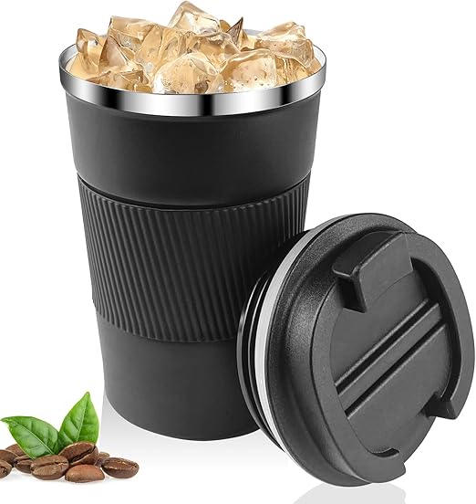 Relota Taza de Café 380mL Negro, Termo Cafe para Llevar 304 Acero Inoxidable Reutilizables Vaso Termico Cafe Antigoteo para Coche, Termo Café Hermético para Café Frío y Caliente, Leche y Té