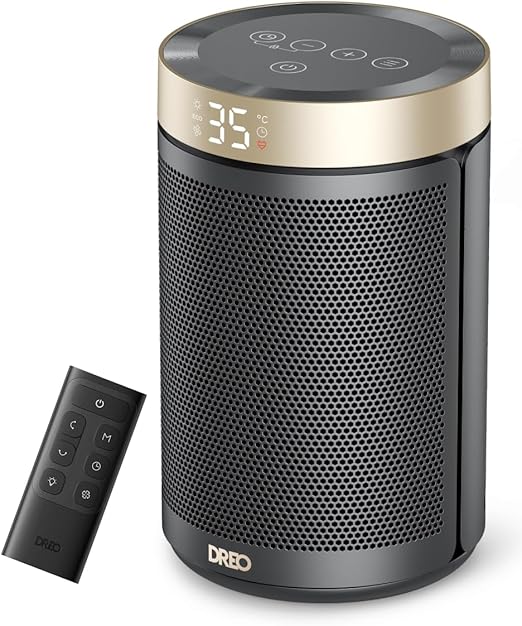 Dreo Calefactor Bajo Consumo Cerámico, con Termostato Portátil, Temporizador 12H, Modo Eco y Ventilador, 1500W PTC Rápido y Seguro para Oficina, Dormitorio y Casa