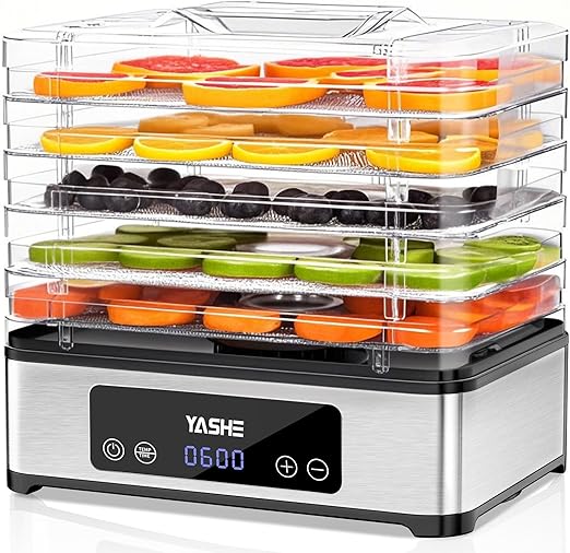 YASHE Deshidratador de Alimentos, Deshidratadora de Alimentos con 5 Bandejas de Acero Inoxidable, 400W, Timer y Temperatura Ajustables para Carne Seca, Hierbas, Frutas y Golosinas para Perros