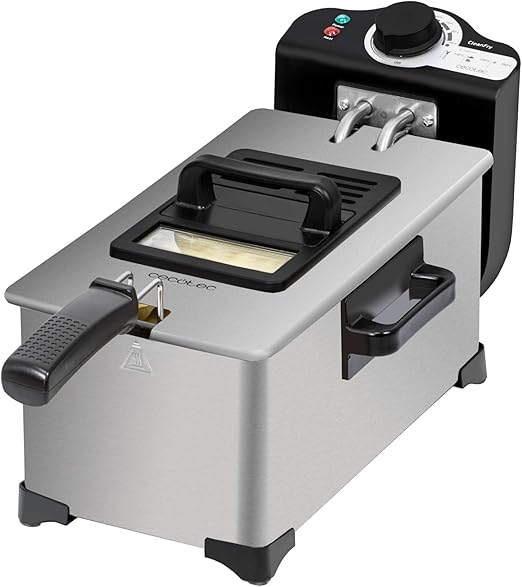 Cecotec Freidora Eléctrica de 3L Cleanfry 3 L. 2000W, Acero inoxidable, Filtro OilCleaner, Cuerpo, Cubeta, Tapa y Cestillo de Acero Inoxidable, Tapa con Ventana y Filtro Antiolores